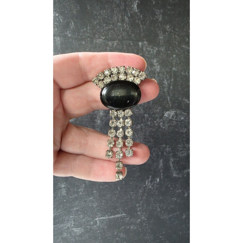 Black Cabochon & Rhinestone Silver Tone Metal Brooch Vintage Costume Jewelry